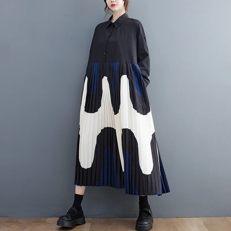 ربيع الخريف الكورية الفنية فضفاضة حجم كبير طباعة ضئيلة الربط منتصف طول الركبة فوق طويلة الدكتور المرأة مستقيم القطن... #3