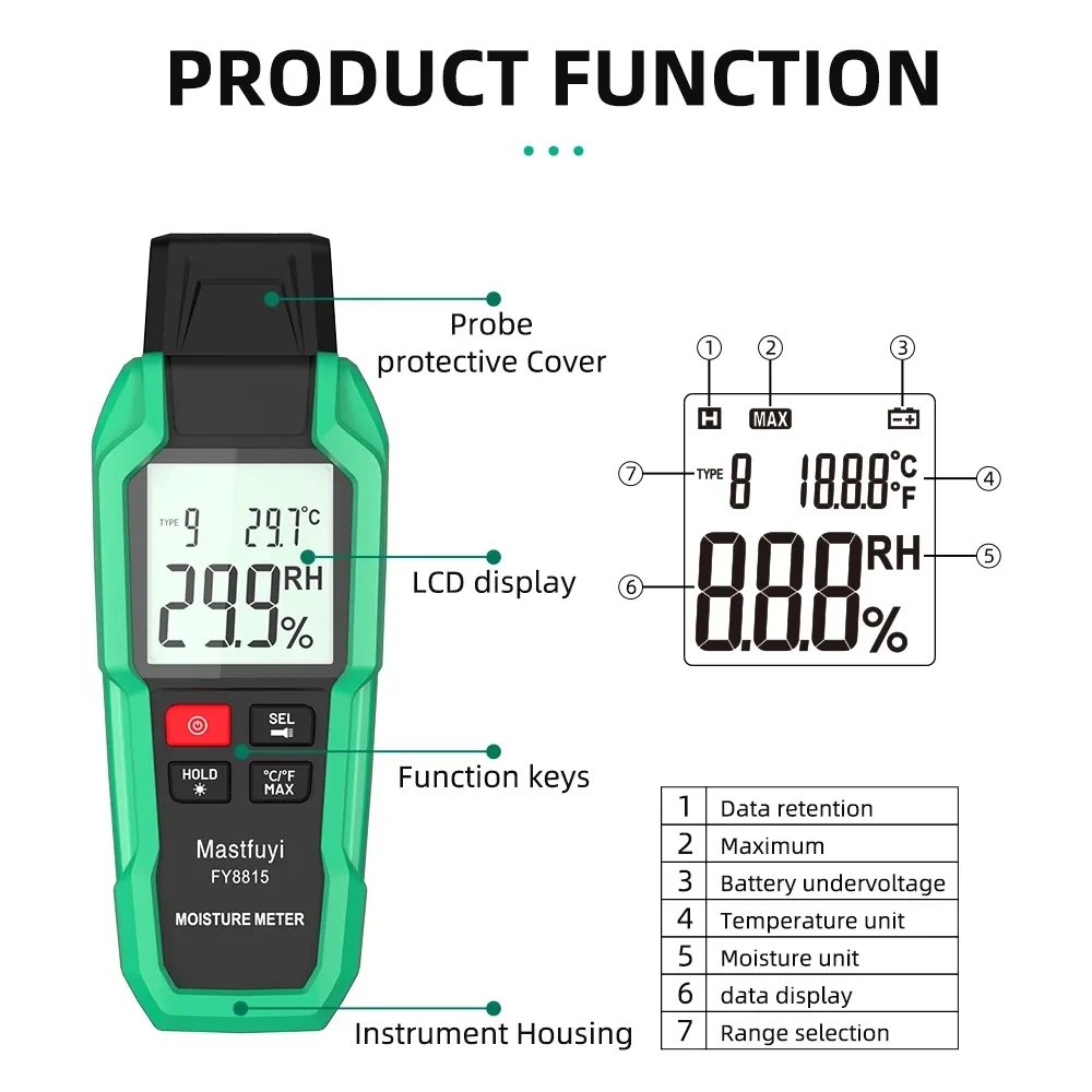 Digital Wood Moisture Meter Multifunction LCD Lumber Damp Meter Detector Tester Timber Hygrometer Building Materials