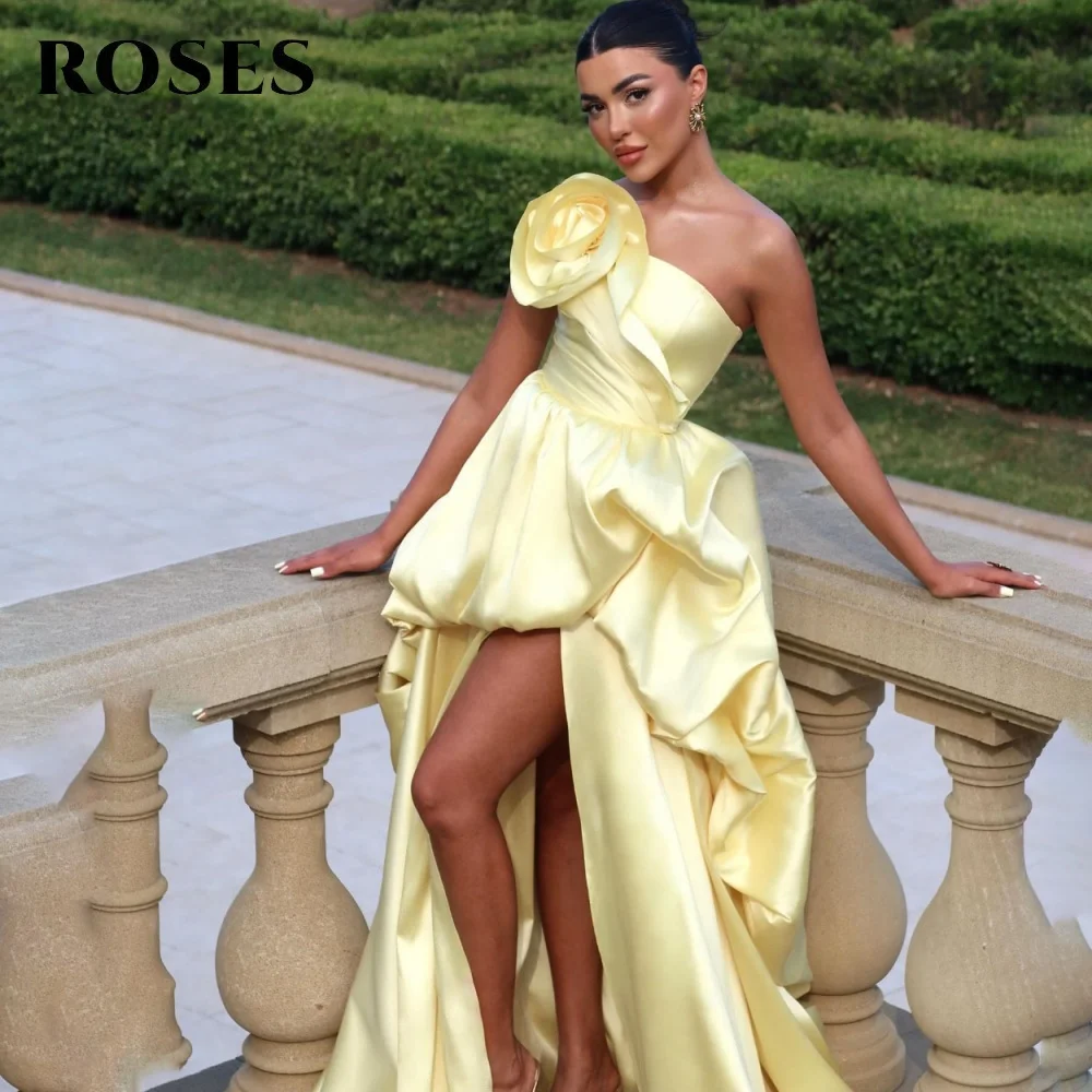 

ROSES Yellow Evening Dress One Shoulder Satin 3D-flower Prom Gown Split Pleat Party Dress فساتين السهرة Customized