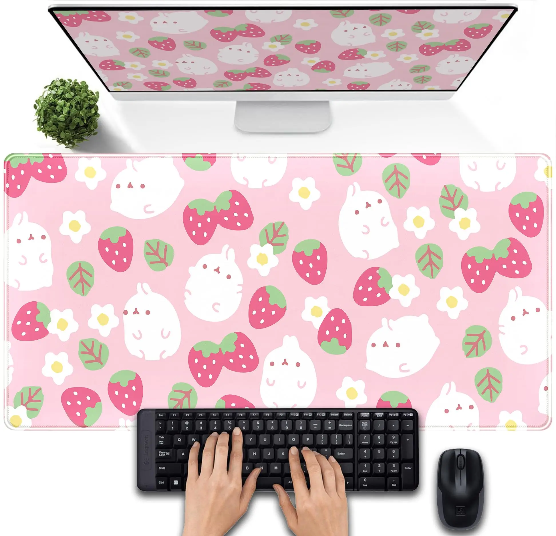 

Pink Kawaii Desk Mat, Strawberry Field Desk Pad Large, Extended Mouse Pad Cute, Gaming Computer Pad Women Desk Decor Accessories