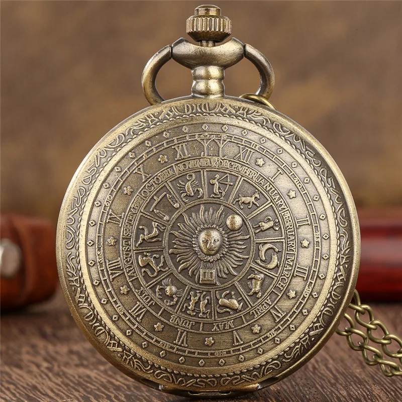 Bronze Engraved Constellation Antique Quartz Pocket Watch for Men Women Necklace Pendant Chain Collectable Timepiece Gift