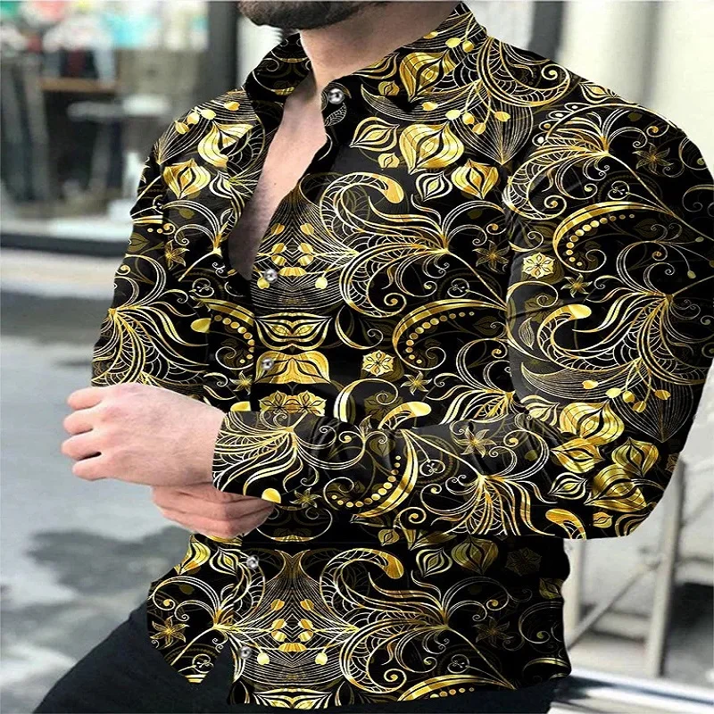 New 3D Hawaiian Luxury Gold Pattern Shirt Men\'s Fashion Shirt Long sleeved Cuban Polo Neck Beach Shirt Men\'s Polo Neck Shirt