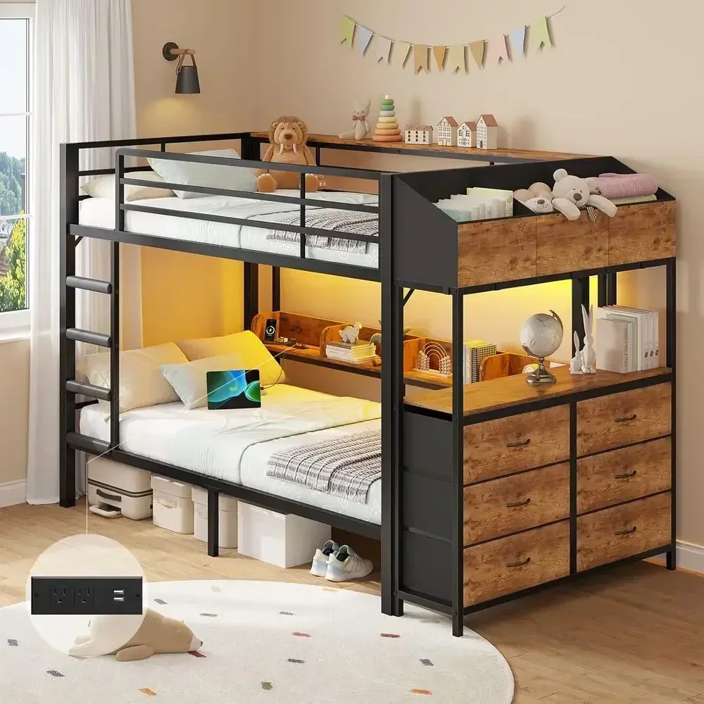 Sturdy Metal Twin Bunk Bed with 6 Drawers, 3 Boxes, Side Shelves, LED Lights, Charging Station, and Safety Rail