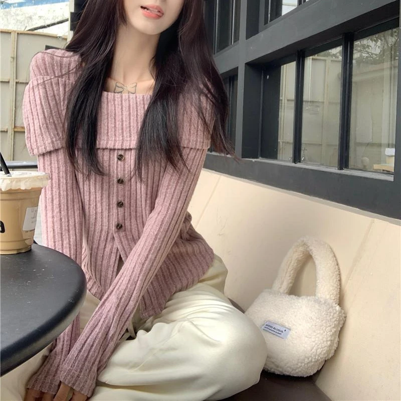 Slash Neck Pullovers Women Slim Gentle All-match Square Collar Chic Design Spliced Spring Autumn Tops Elegant Ulzzang Streetwear