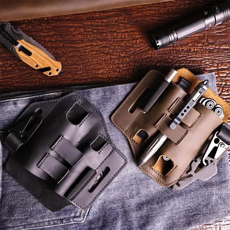 حامل متعدد المهام للعمل في الهواء الطلق، حزمة مراوح تكتيكية، منظم من الجلد الطبيعي، أداة سكين قابلة للطي، حقيبة حزام الخصر #1