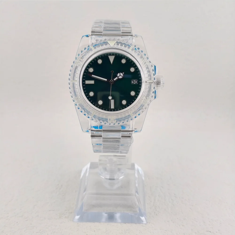 NH35 Watch China NH35 Movement 41.5mm Acrylic Transparent Case Strap Fit 28.5mm Dial NO Logo New Fashionable Men's Watch