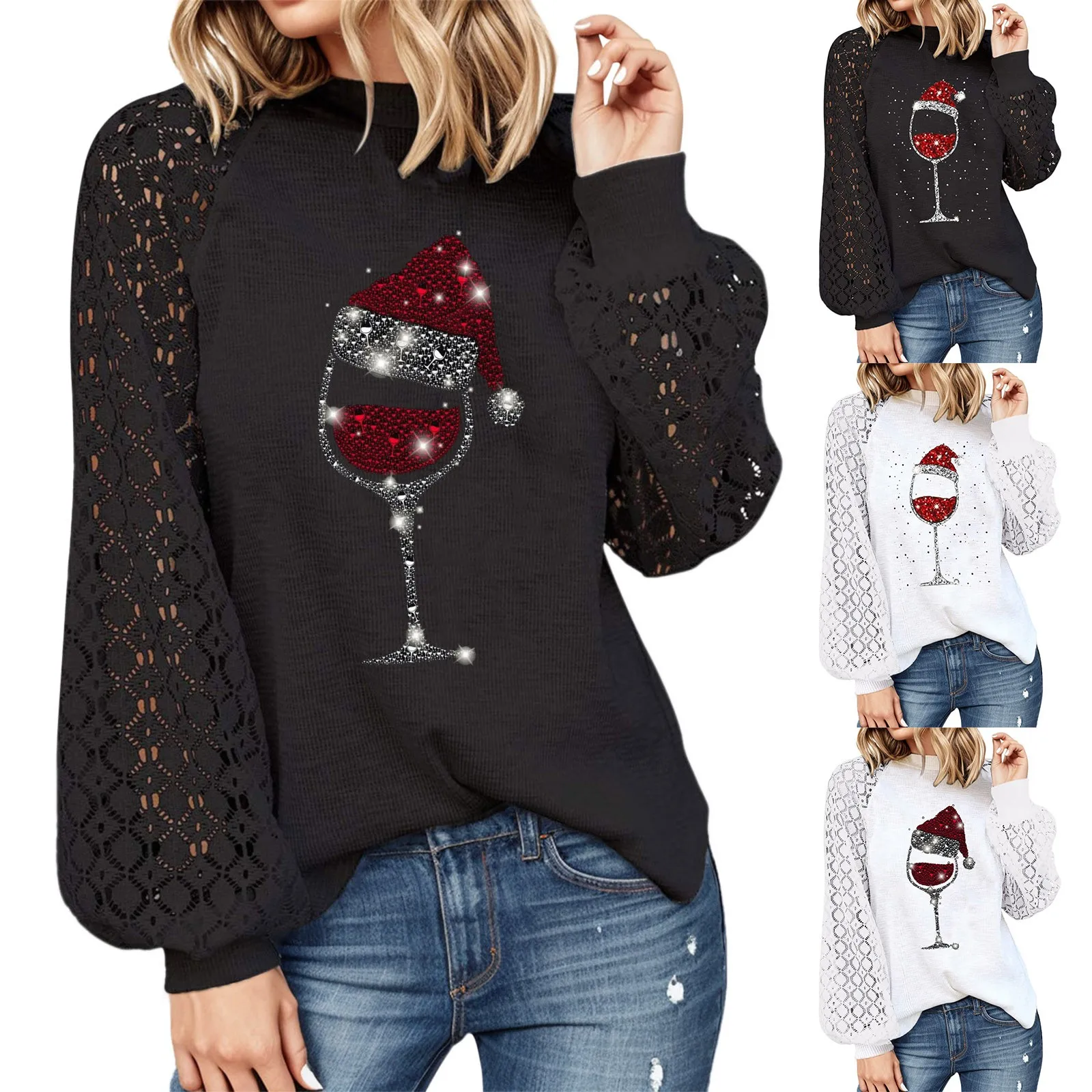 2023 Autumn Winter Christmas Hat Wine Glass Lace Splicing Blouse Black Womens Long Sleeve Sexy New Year Party Fashion Tops Gifts