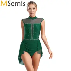 Womens Glittery Rhinestones Gymnastics Artistic Skating Costume Backless Sheer Mesh Ballet Lyrical Dance Dress Tight Jumpsuit