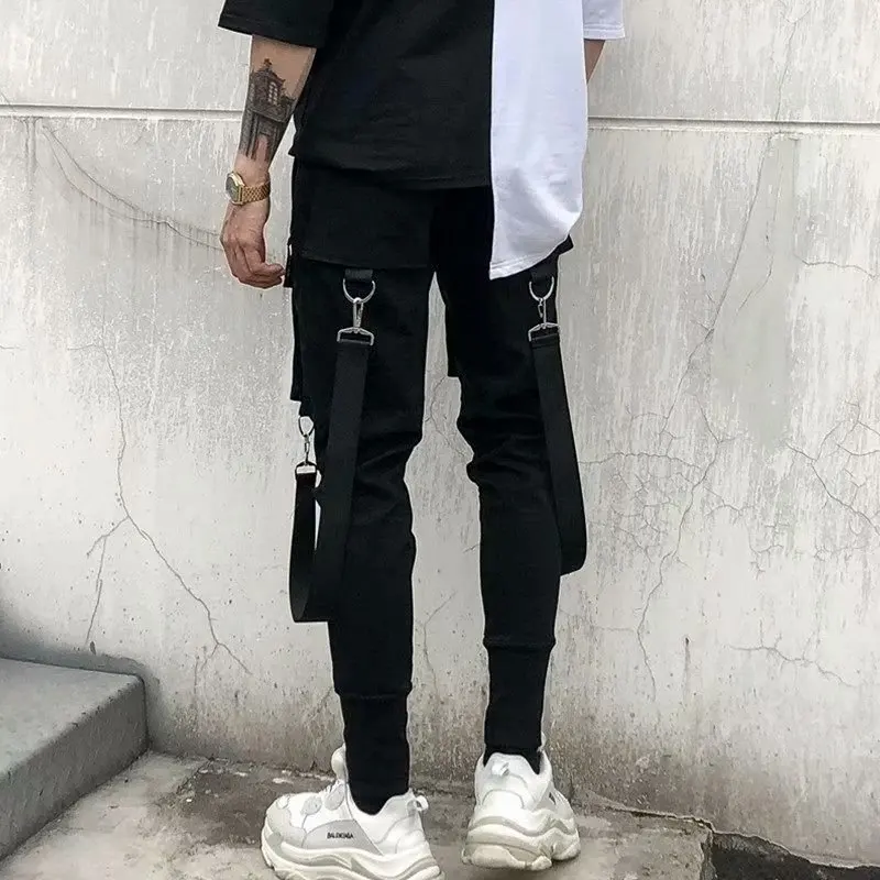 Pantalones ajustados de moda para hombre, ropa de calle con cinta Harajuku, pantalones Cargo negros para hombre, ropa informal para correr, pantalones Kpop de Japón