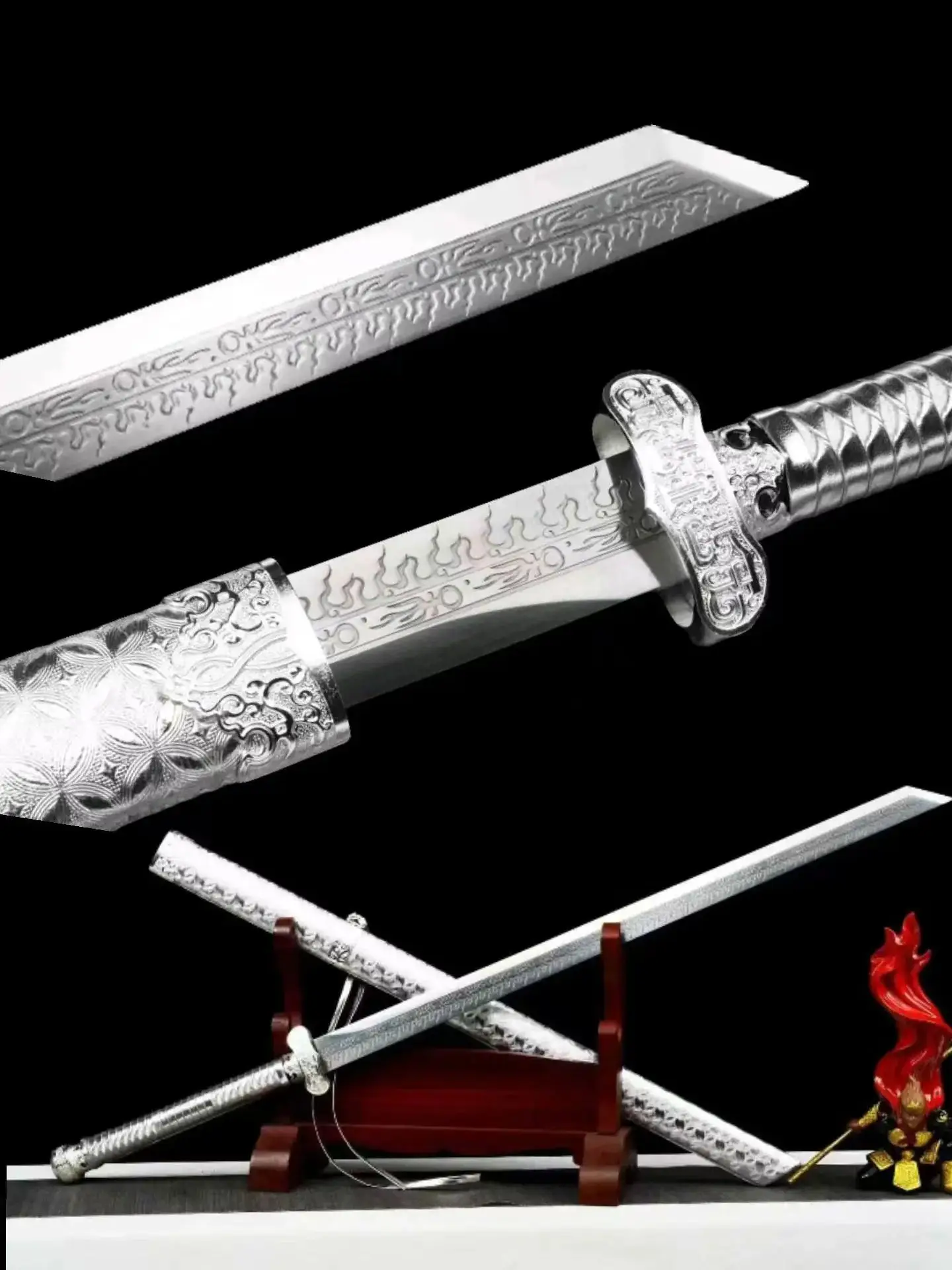 

Chinese Kungfu Silver Battle Sword, Bei Ming, Real Refined High Manganese Steel Burnt-Pattern Blade, Unsharp