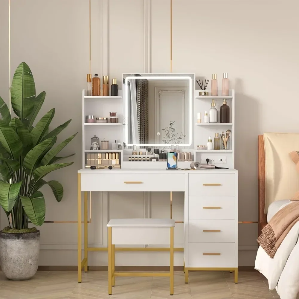 Makeup Table Set with Mirror, Lighting, and Makeup Stool, White Makeup Table with Power Socket, Drawer, Shelf Bedroom Furniture