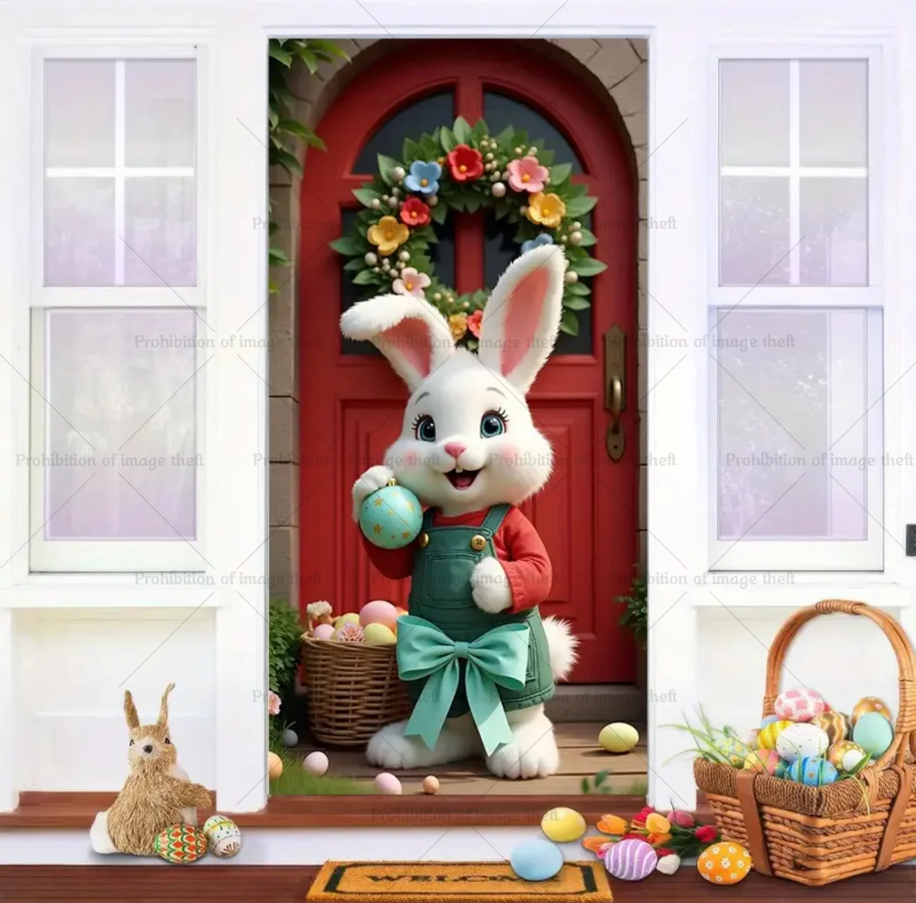 Happy Easter Cute Bunny Theme Background Fantasy Spring Wreath Door Cover Bunny Dog Flower Eggs Baby Party Decoration Gift Prop