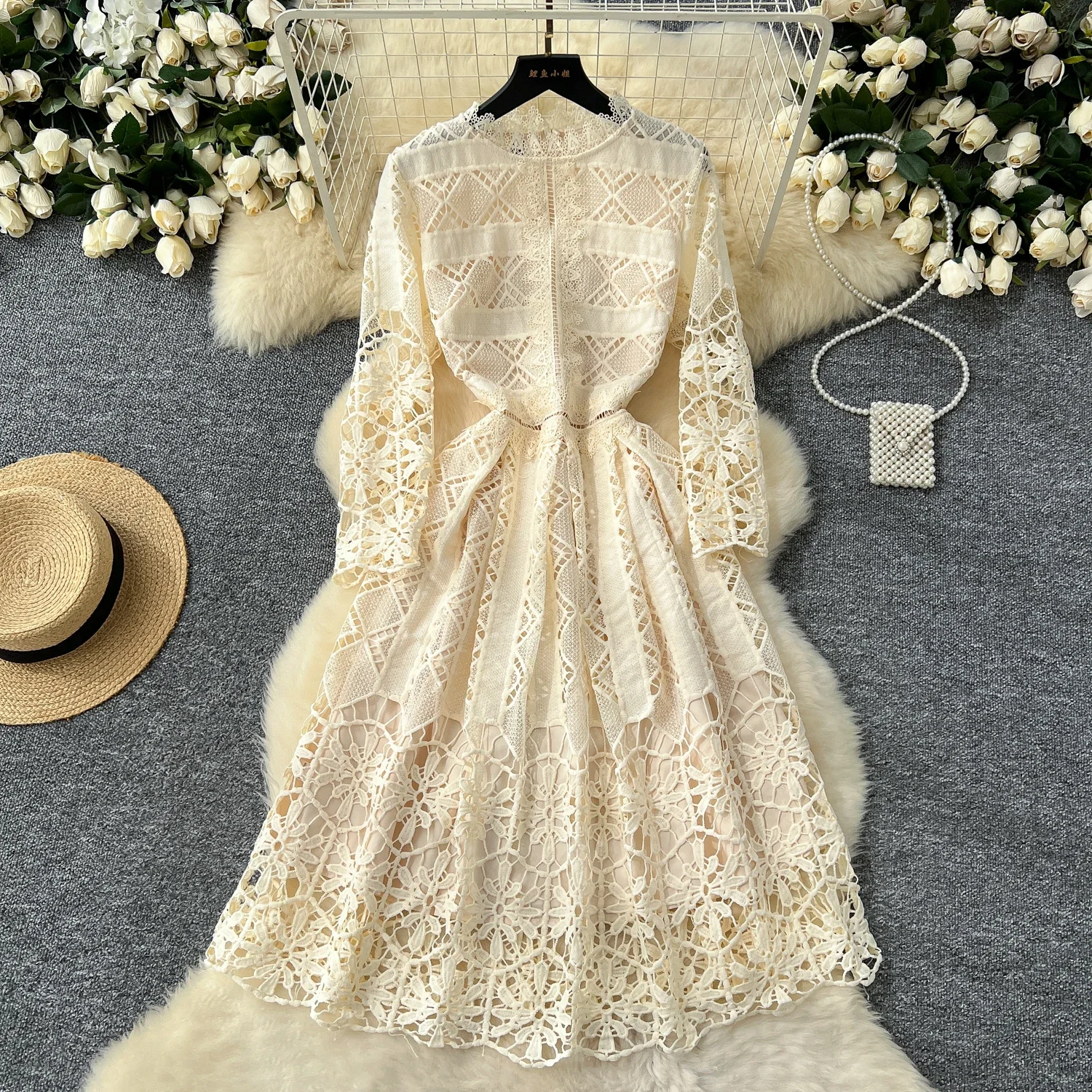 French Elegant O Neck Lace Hook Flower Hollow Dress A-line Long  Sleeve Casual High Waist Vestidos Women Autumn Spring Clothing