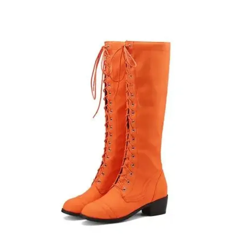 2025 New Women Cosplay Riding Knee High Boots Med Heels Lace Up Party Date Shoes Black Pink Orange Purple Plus Size 43