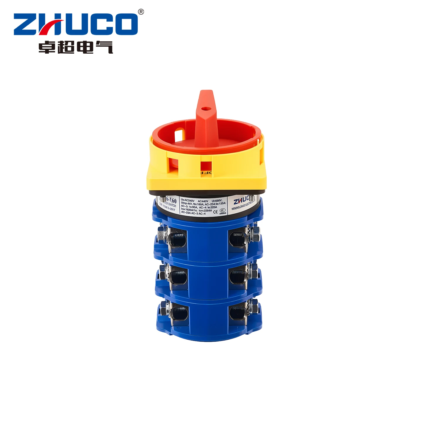 ZHUCO 2-position selector switch 160A 690V, 12-terminal universal rotary cam selector with lock, suitable for power distribution cabinets, machine tools, industrial panels (SZW26-160/3GS, ON OFF, OFF ON) view 2
