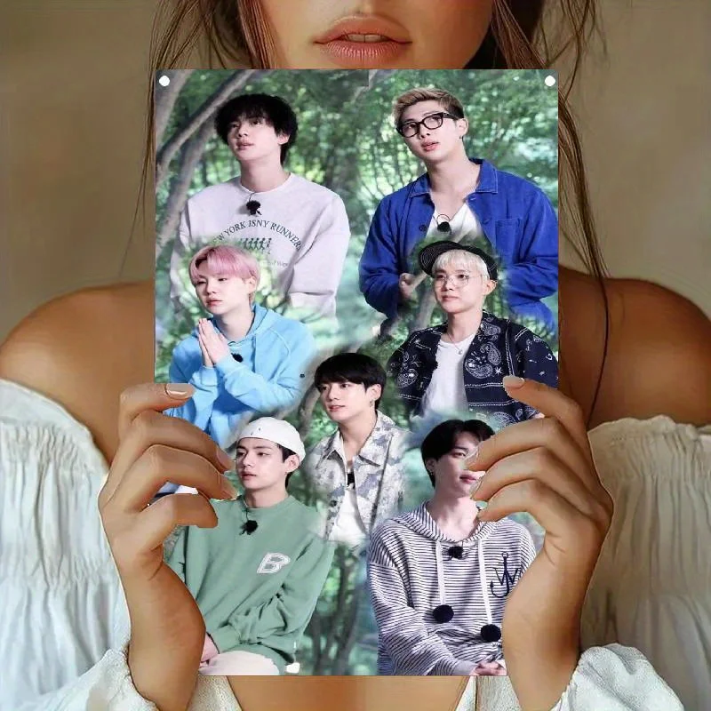 K-Pop Group in Nature Metal Tin Sign - Vintage Korean Pop Art Poster with Pre-Drilled Holes, Pastel Colors (Teal, Green, Pink,