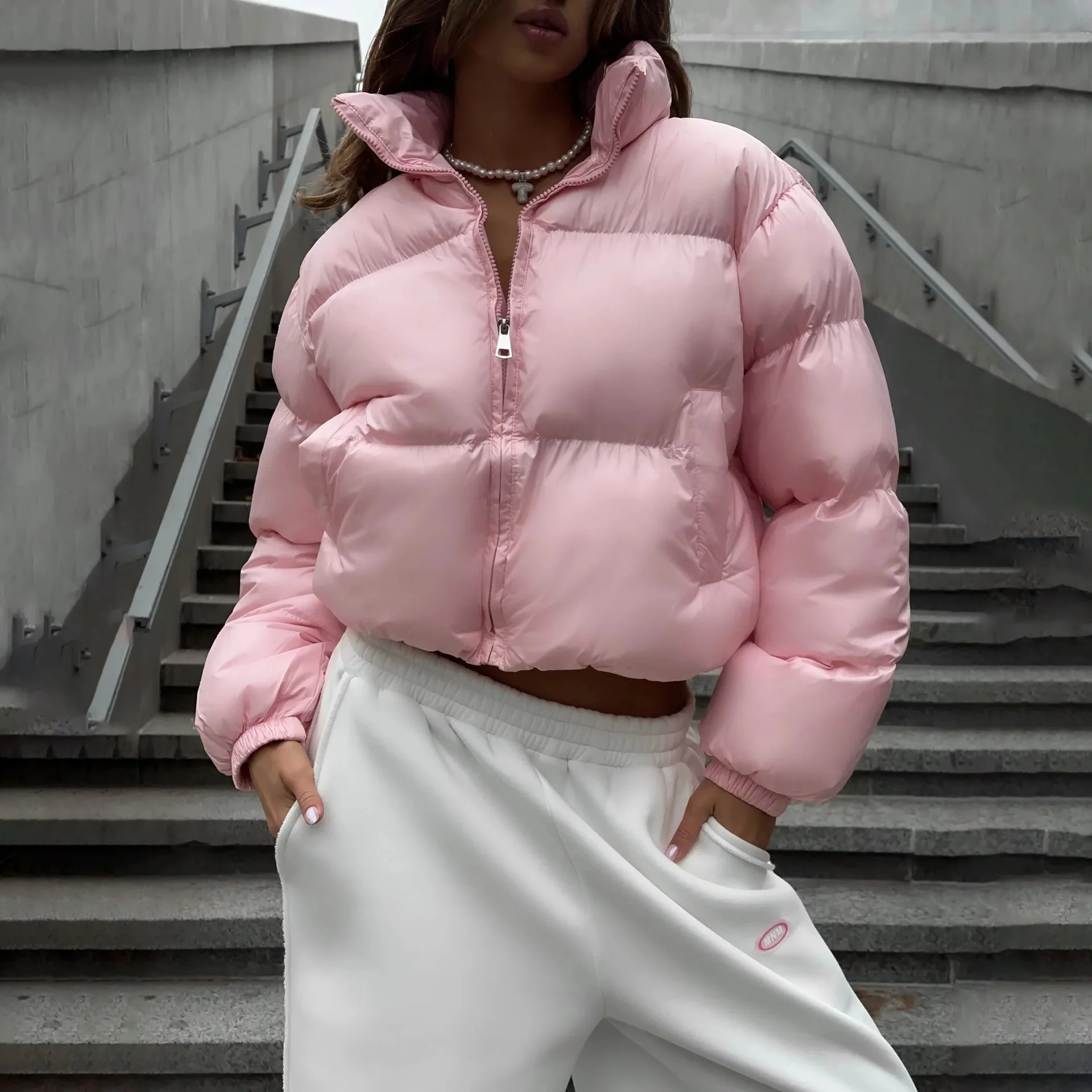 Giacca corta in cotone da donna, colletto rialzato casual, giacca ampia con cerniera a maniche lunghe per streetwear invernale da donna
