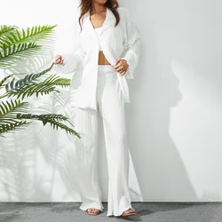 Fashion Wide Leg Pants Sets Women Loose Long Sleeve Shirt and Elastic Trousers Two Pieces Female Linen Harajuku Outfits