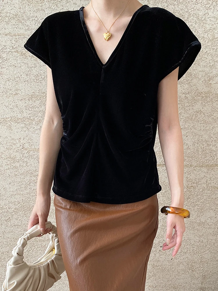 [EAM] Women Black Velvet Brief Elegant Pleated Waist T-shirt New V-Neck Short Sleeve Fashion Tide Spring Summer 2024 1DH7127