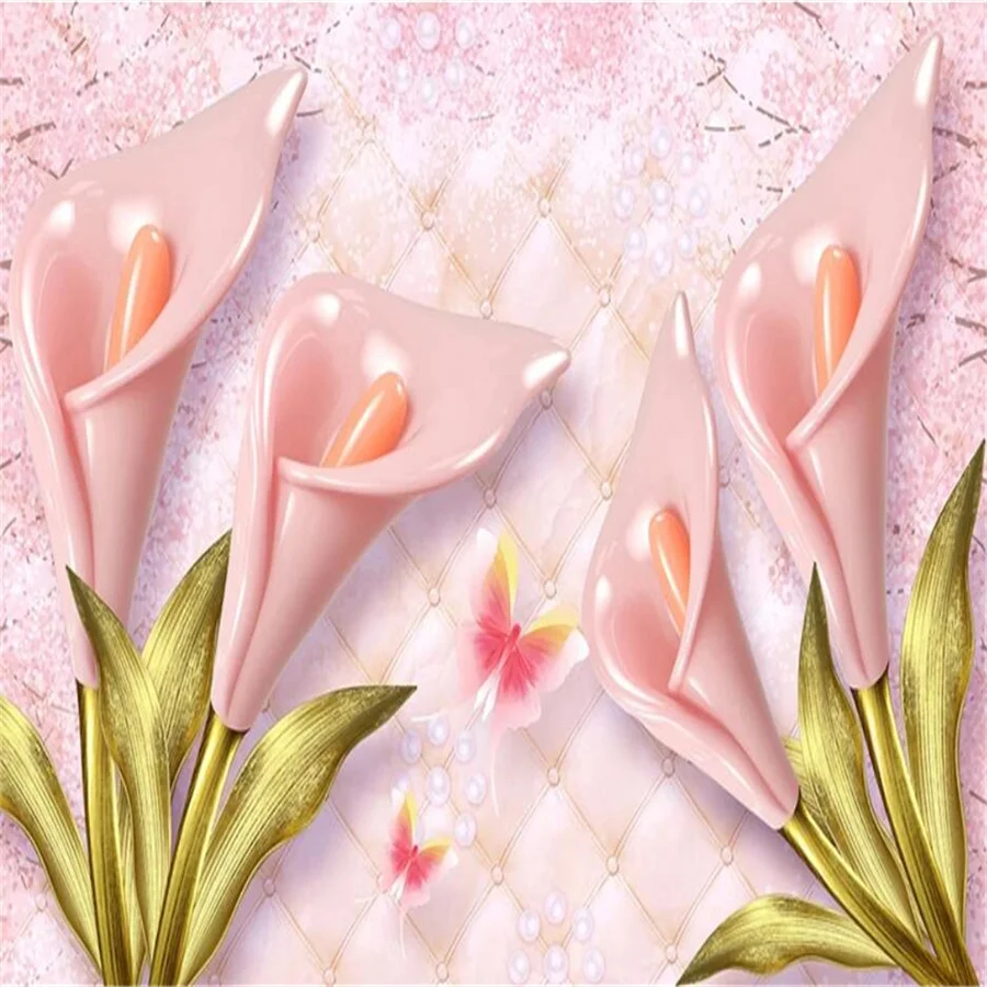 Custom wallpaper 3d photo mural pink calla lily papel de parede embossed soft bag jewelry background wall paper home decor mural