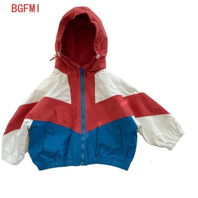 Boys Korean Color Blocking Patchwork Hooded Windproof Jacket Handsome Children's Spring Autumn New Girl Zippered Coat Jacket