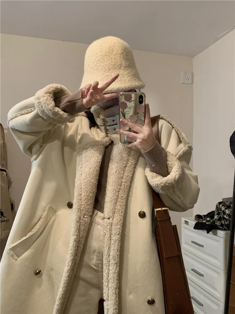 Women Winter Long Lamb Fur Coat Vintage Loose Lapel Collar Overcoat Thick Warm Outerwear Female Suede Plush Coats