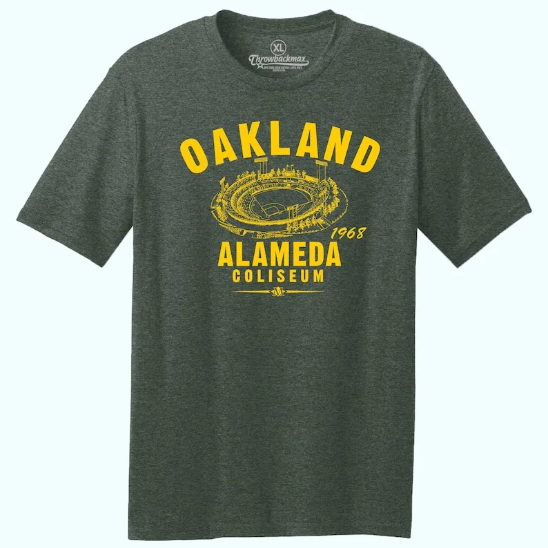 Throwbackmax Oakland Alameda Stadium 1968 Baseball Classic Cut Premium Tri-Blend Tee Shirt Home of Your A's Green Heather