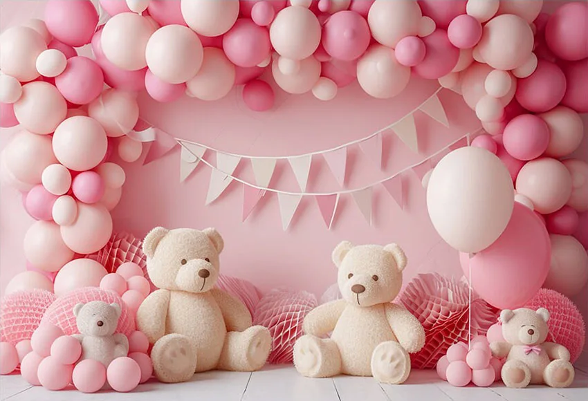 Mehofond Photography Background Pink Room Cute Bear Balloon Kids Birthday Party Cake Smash Portrait Decor Backdrop Photo Studio