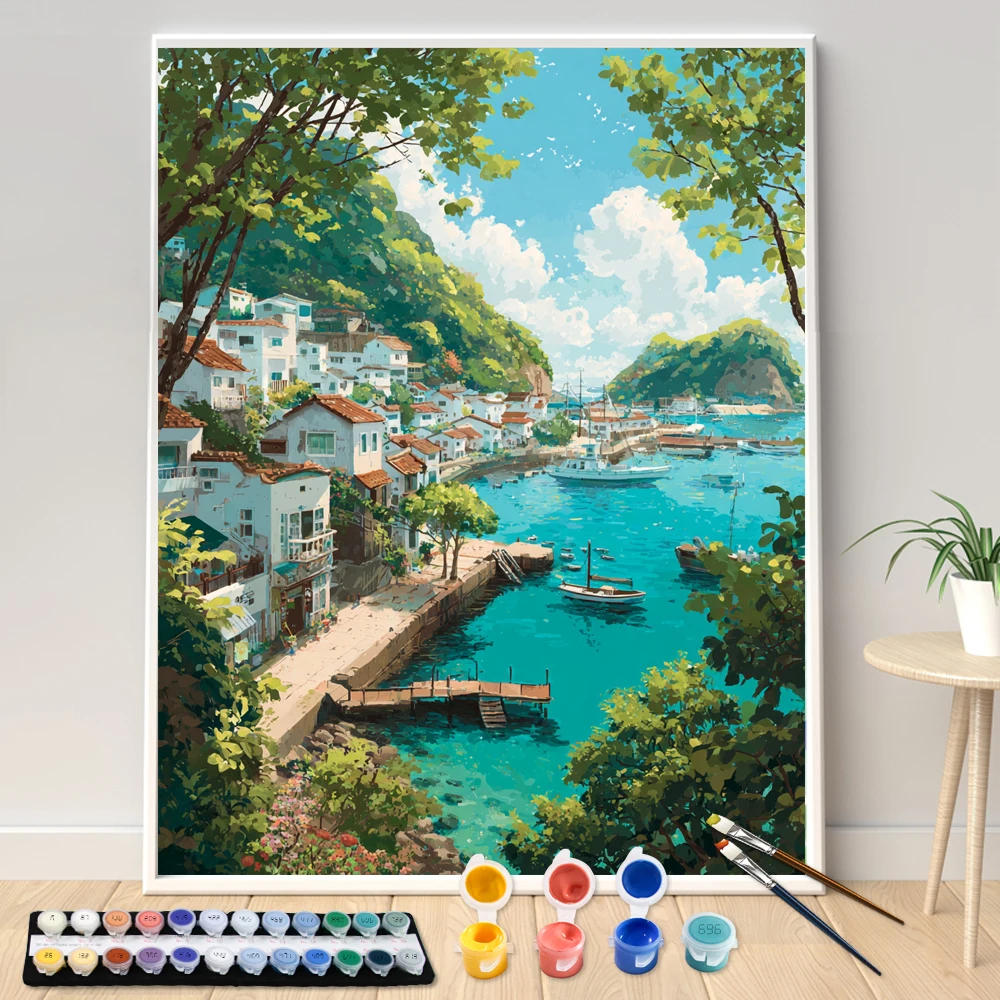 Malen nach Zahlen: Eine kleine Stadt am Wasser, tropische Landschaft, Bild nach Zahlen für Heimdekoration, handgemaltes DIY-Geschenk