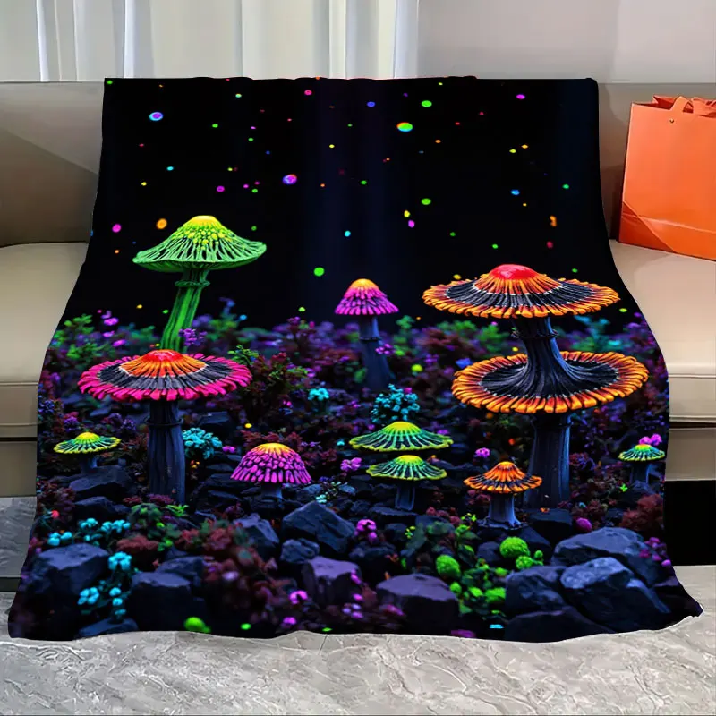 

1pc Flannel Blanket Glowing Mushroom Forest Blanket - Vibrant Neon Style for Cozy Nights