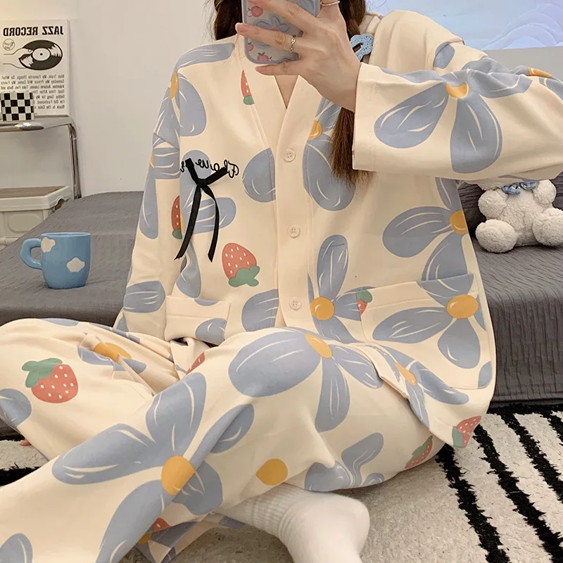 Spring and Autumn Women\'s Pajamas Homewear Two-Piece New Loose Leisure Autumn and Winter Girls Homewear Long Sleeves Long Pants