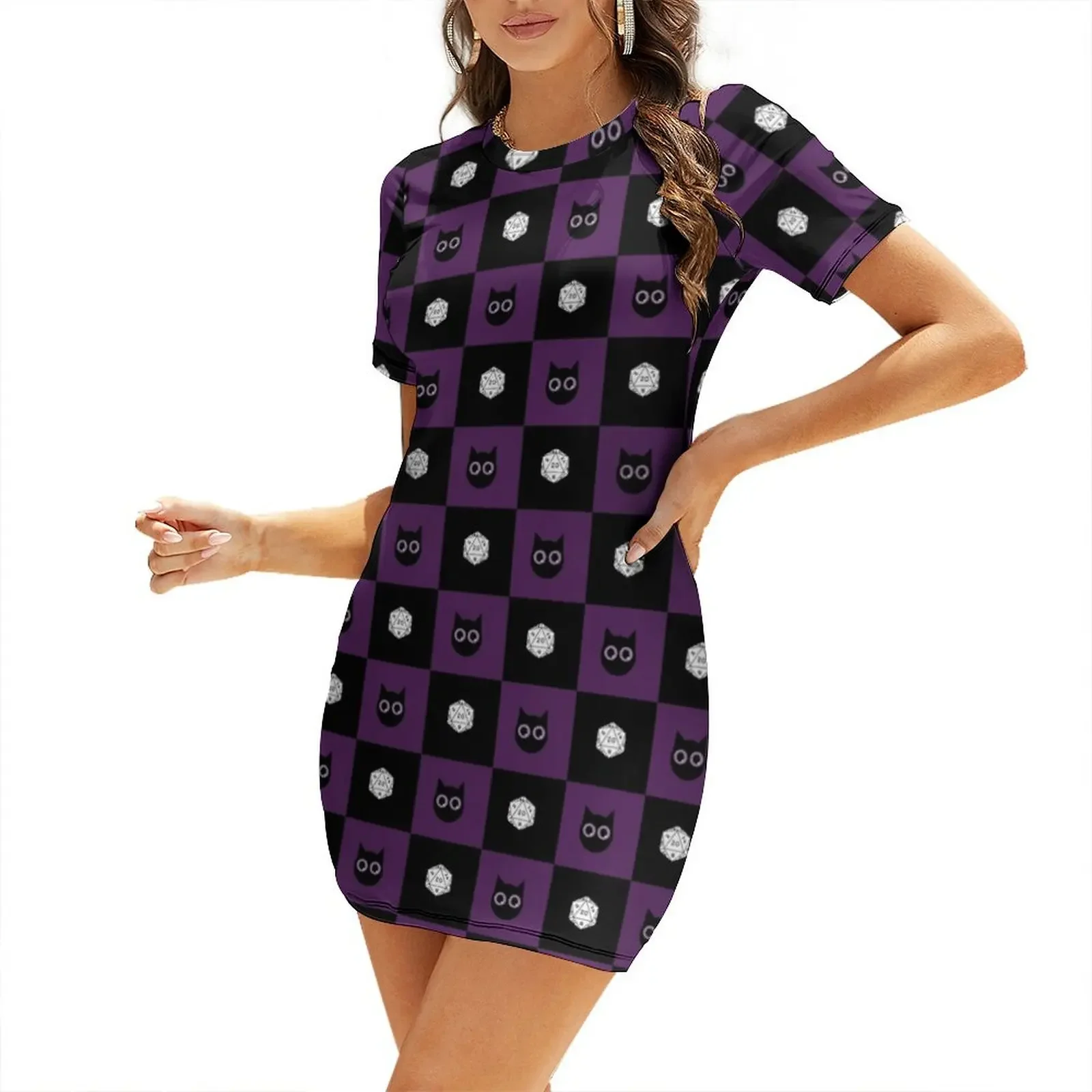 

DnD Patchwork Cat Purple Short-Sleeved Dress women long dresses beach dress Dresses for wedding party elegant women's sets Dress