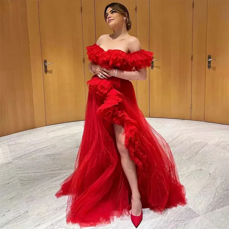 

Stunning A-line Ruffled Tulle Prom Dresses Off the Shoulder Side Split Puffy Evening Party Gown Red Long Womens Long Dress