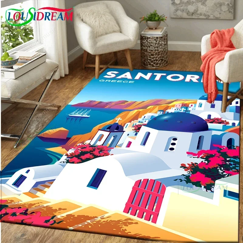 

Carpet Santorini Mykonos Rhode Greek Island Mediterranean Travel Posters Rug For Home Living Room Bedroom Decoration Floor Mat