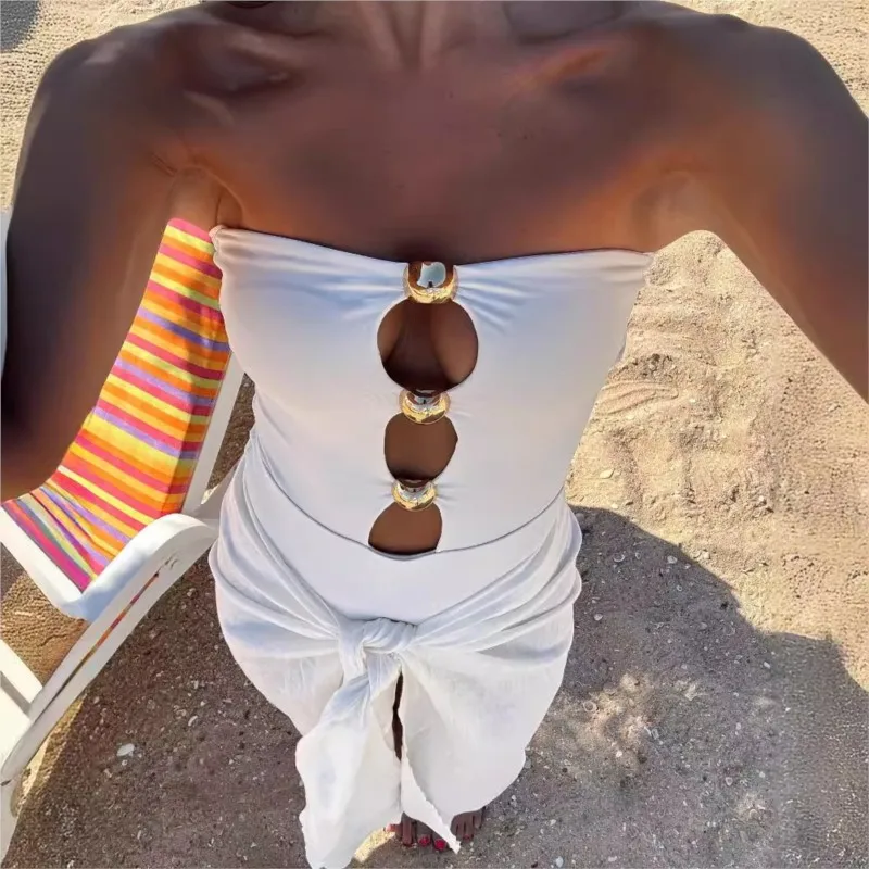 Fashion STRAPLESS Off Shoulder Metal Decoration Women One Piece Swimsuit 2025 Style Cut Out Lady Vacation Beachwear Clothing