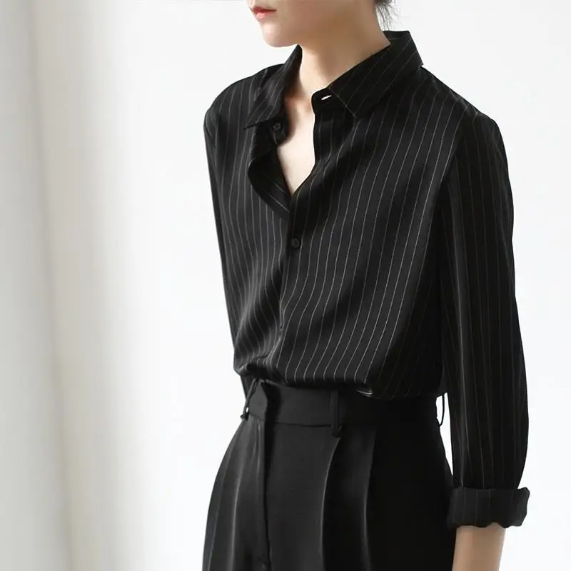 Chemise noire rayée à manches longues et col polo pour femmes, chemisier décontracté, haut à la mode, vêtements vintage, printemps, automne, nouveau