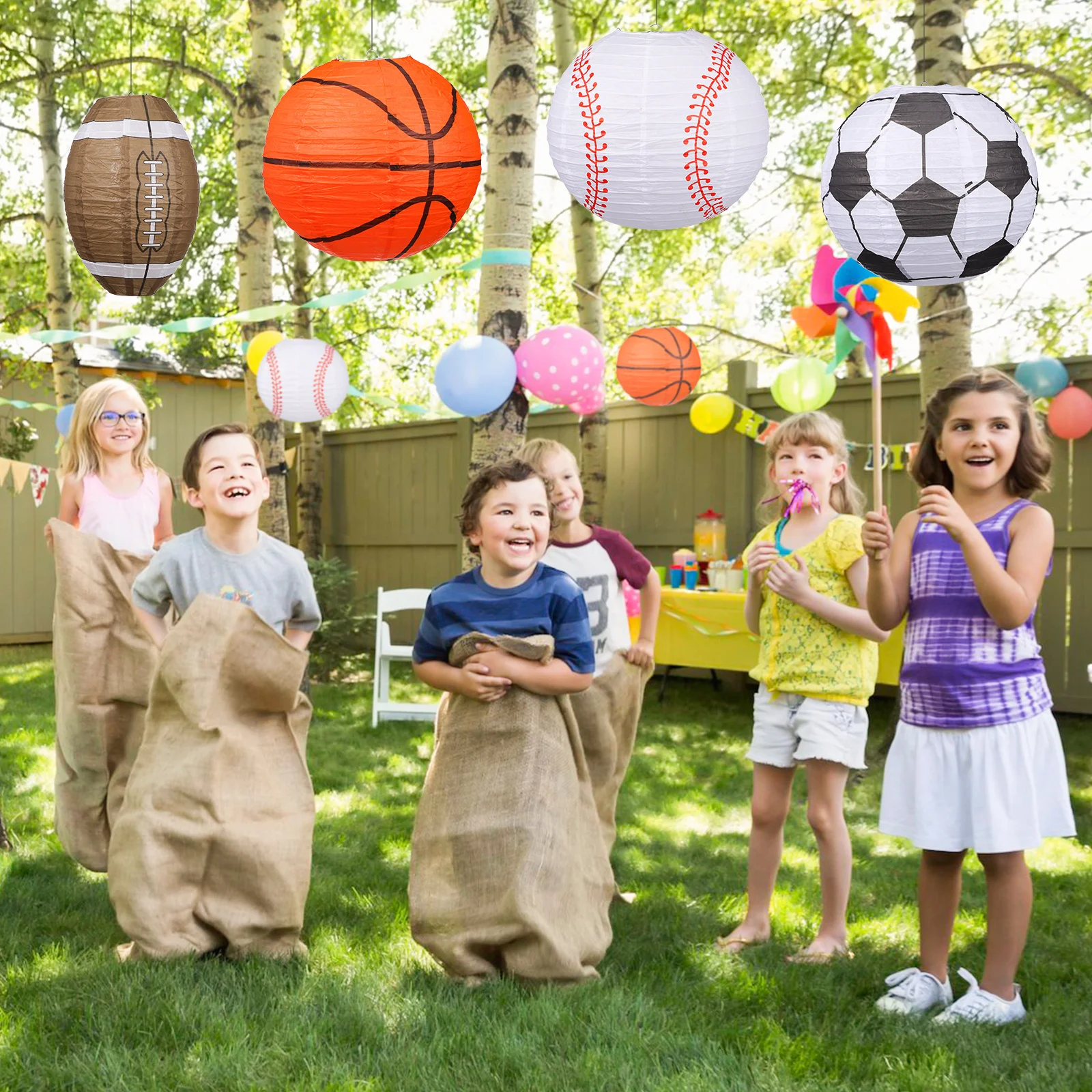 

4pcs Sports Ball Paper Lanterns Party Decoration Set Durable Iron Frame Creative Hanging Lights For Birthday Wedding Christmas