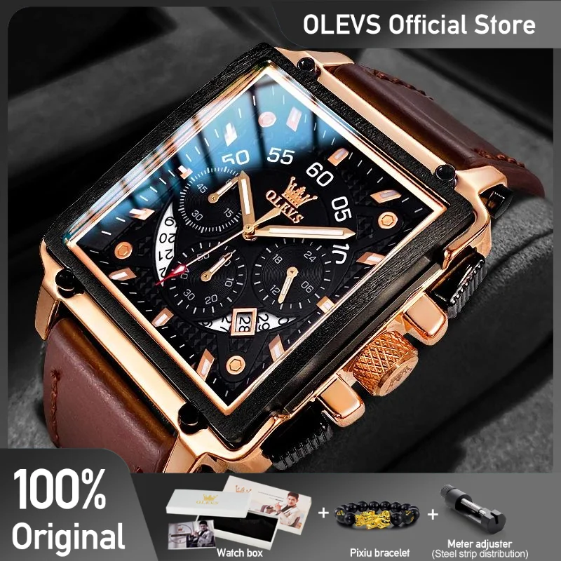 OLEVS – montre à Quartz carrée pour hommes, étanche, bracelet en cuir, horloge de Sport