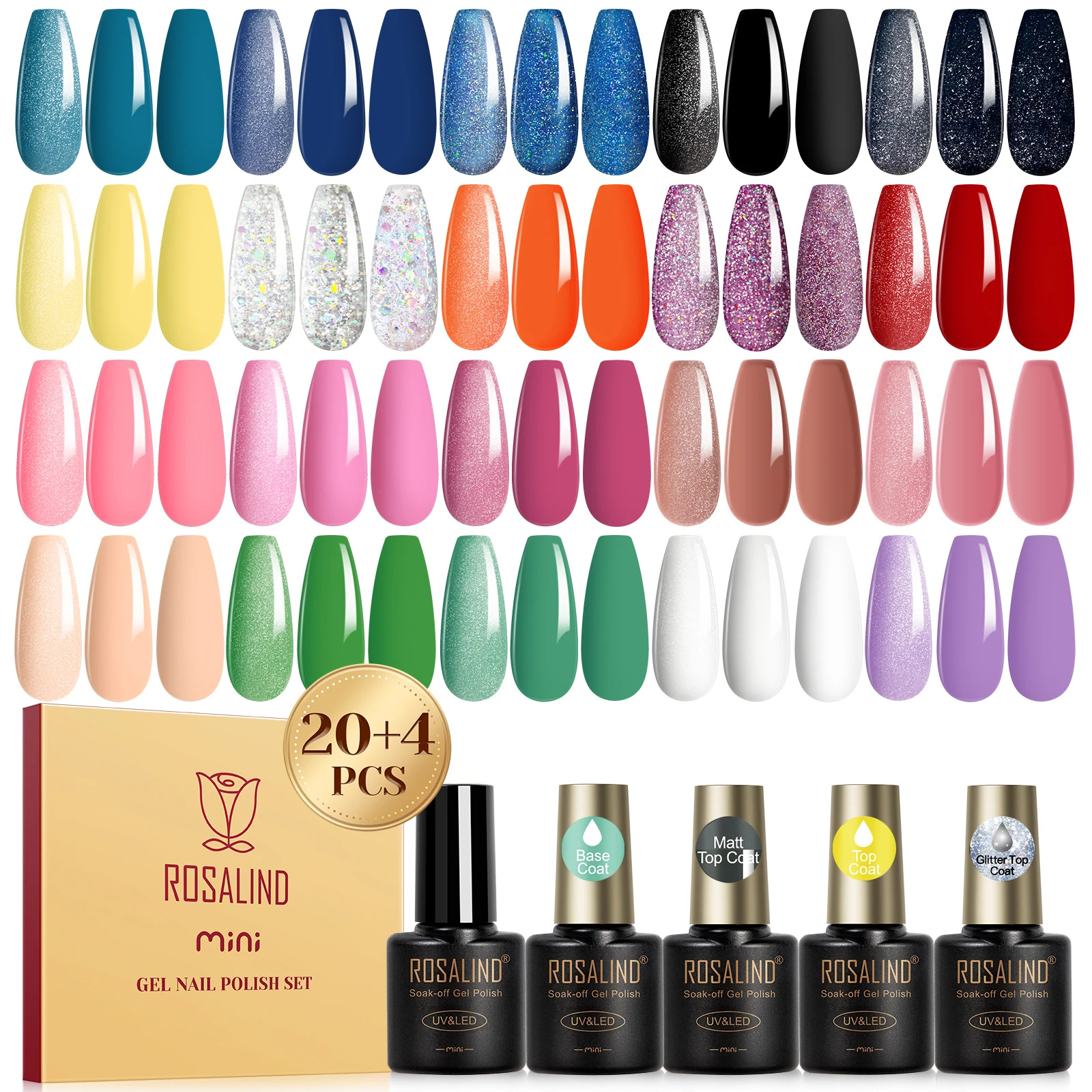 Rosalind novo 24 pçs/set gel unha polonês com gittler casaco superior conjunto verão tendência cores embeber fora lâmpada uv para design da arte do prego