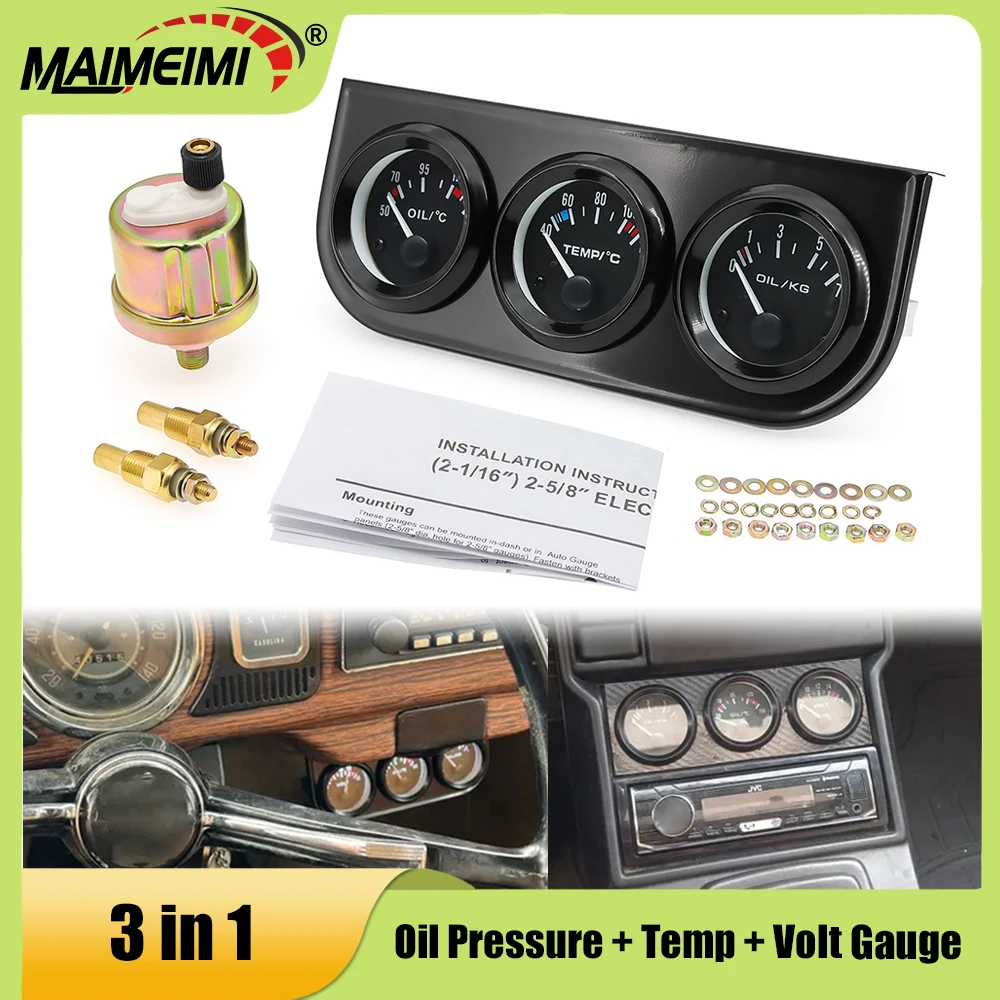 

52MM Auto Water Temperature Voltmeter Car Gauges Oil Pressure Volt Gauge Oil Temp Triple Gauge With Sensor 1/8NPT 3-in-1 Meter