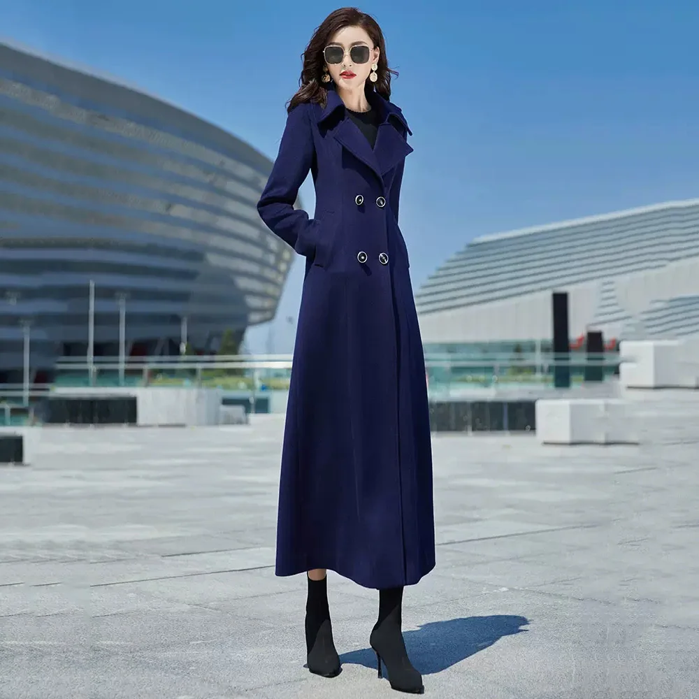 

New Women Overlength Wool Blends Coat Spring Autumn Elegant Fashion Double Breasted Slim Waist Woolen Coat Winter Long Overcoat