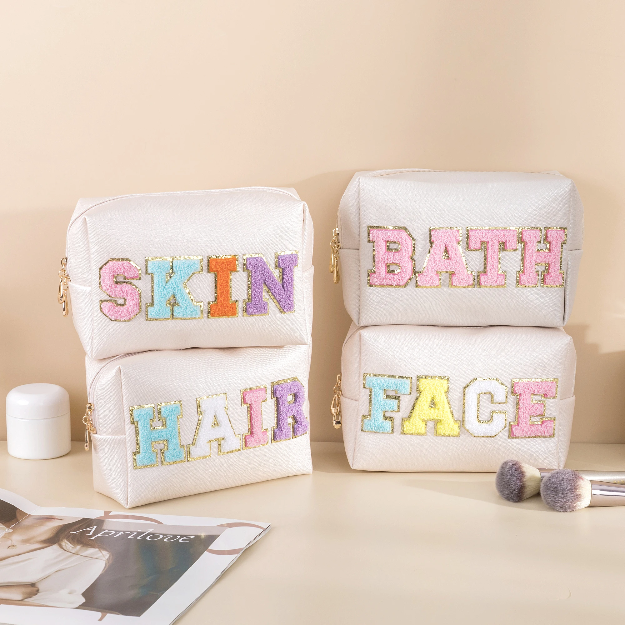 1/4PCS Patch Color Cosmetic Bag for Women HAIR FACE BATH SKIN Letters PU Makeup Bag Zipper Pouch Storage Waterproof