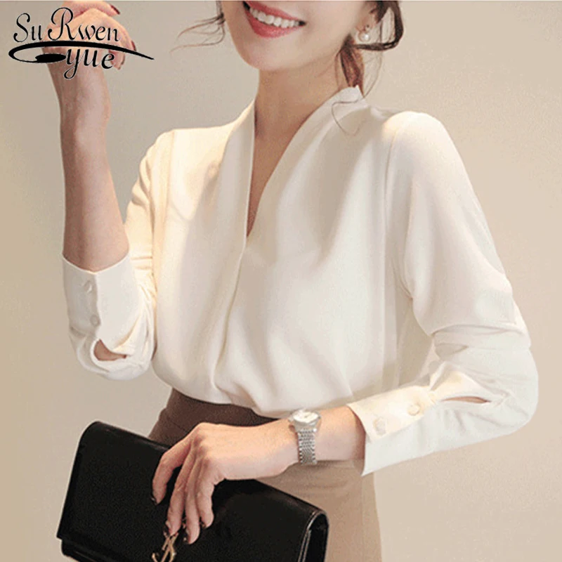 2024 Autumn V-neck Womens Tops White Long Sleeve Chiffon Blouse Summer Korean Tops Wild Loose Office Lady Clothing Female New