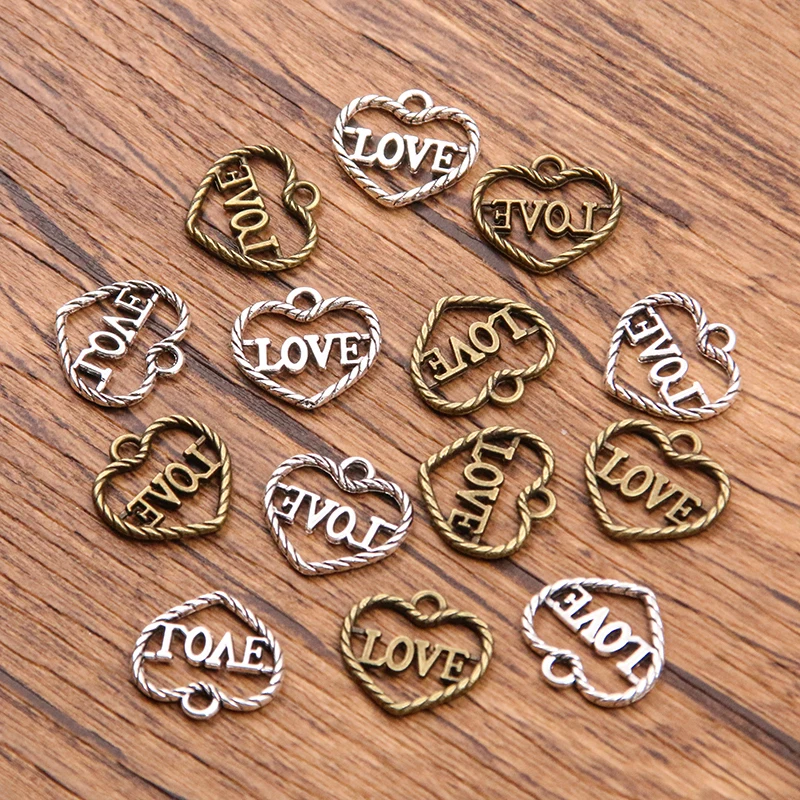 50PCS 13X14mm 2 Color Wholesale Metal Alloy Hollow Heart Charms Letter LOVE Pendant For Jewelry Making DIY Handmade Craft