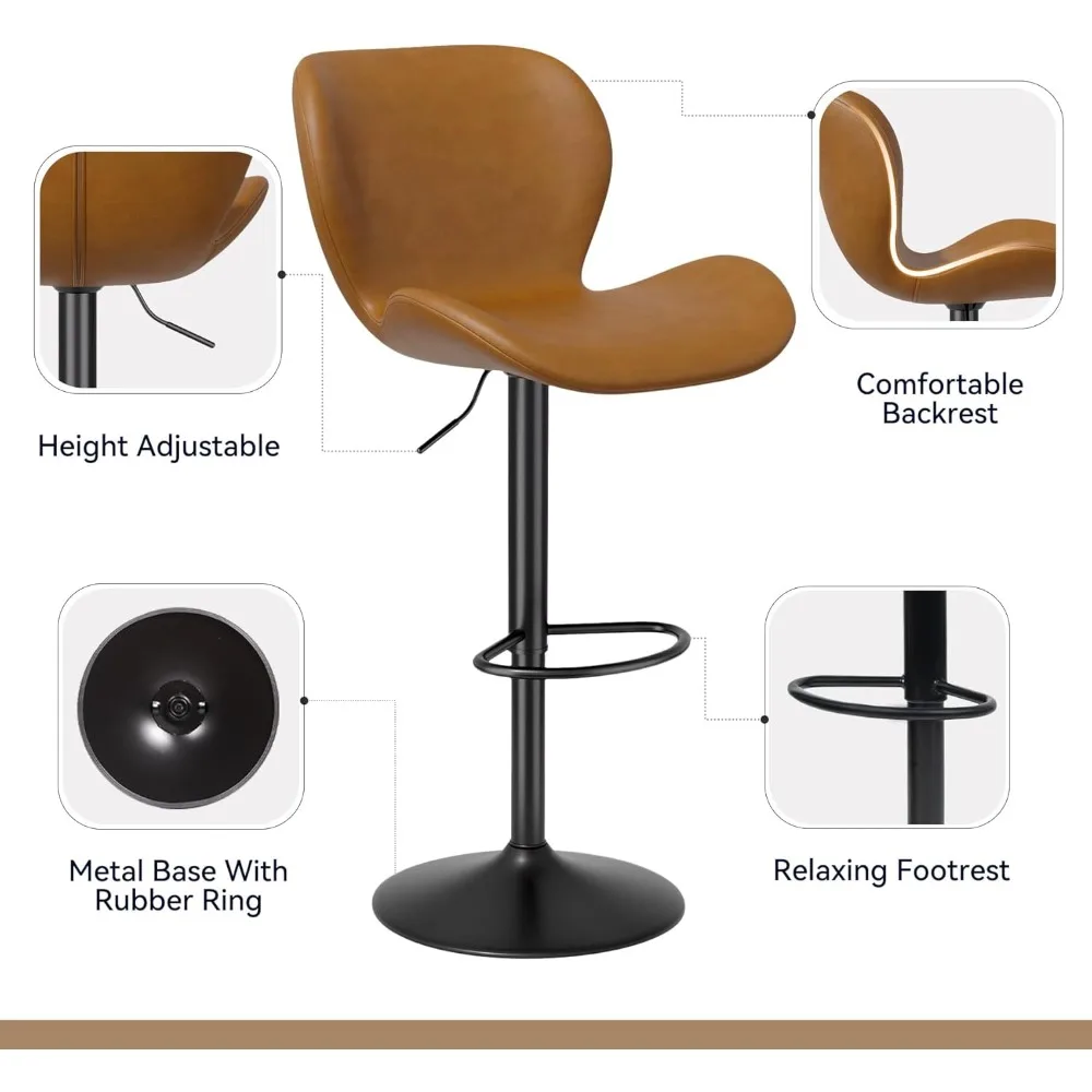Juego de 2 taburetes de bar giratorios, taburetes de bar tapizados de cuero PU con respaldo y reposapiés, altura ajustable del asiento
