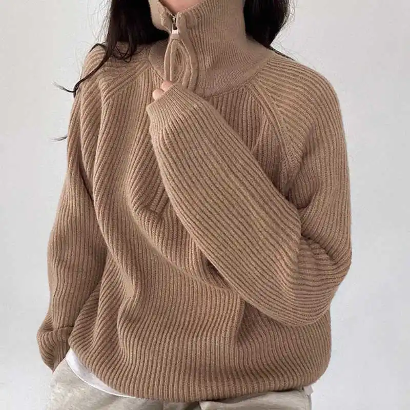 Purple Half Zippers Pullover Sweater Women Autumn Winter Loose Warm Long Sleeve Tops Female Solid Versatile Knitshirts