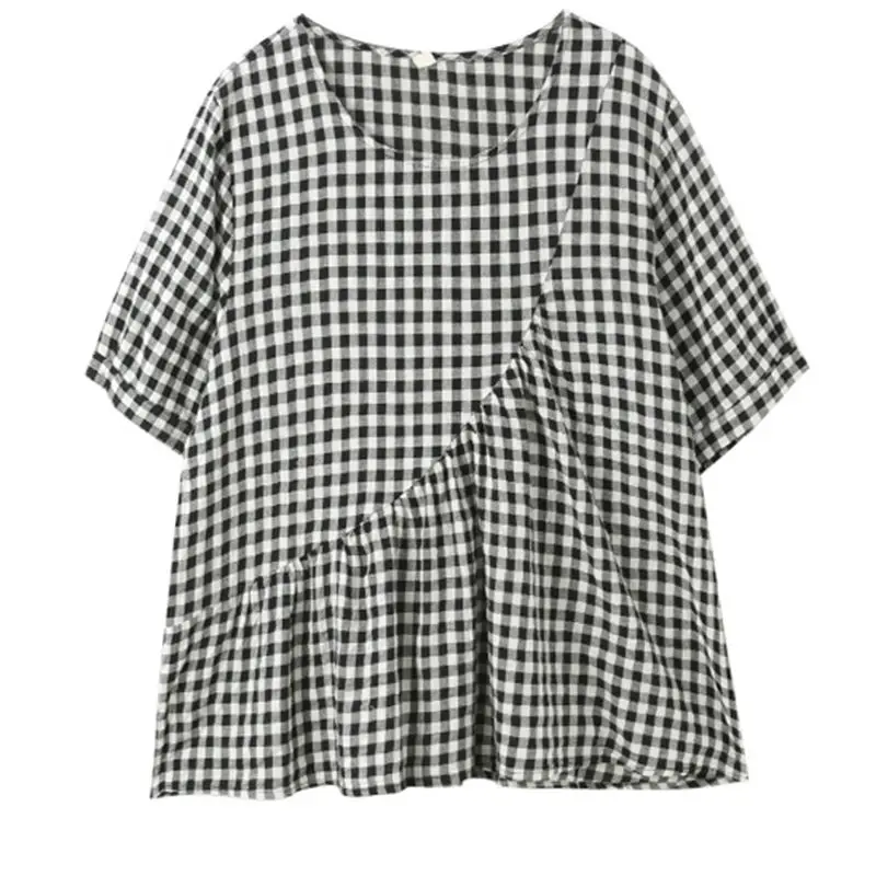 

Fashion O-Neck Spliced Loose Plaid Blouses Women's Clothing 2025 Summer New Oversized Short Sleeve Commuter Tops Casual Shirts