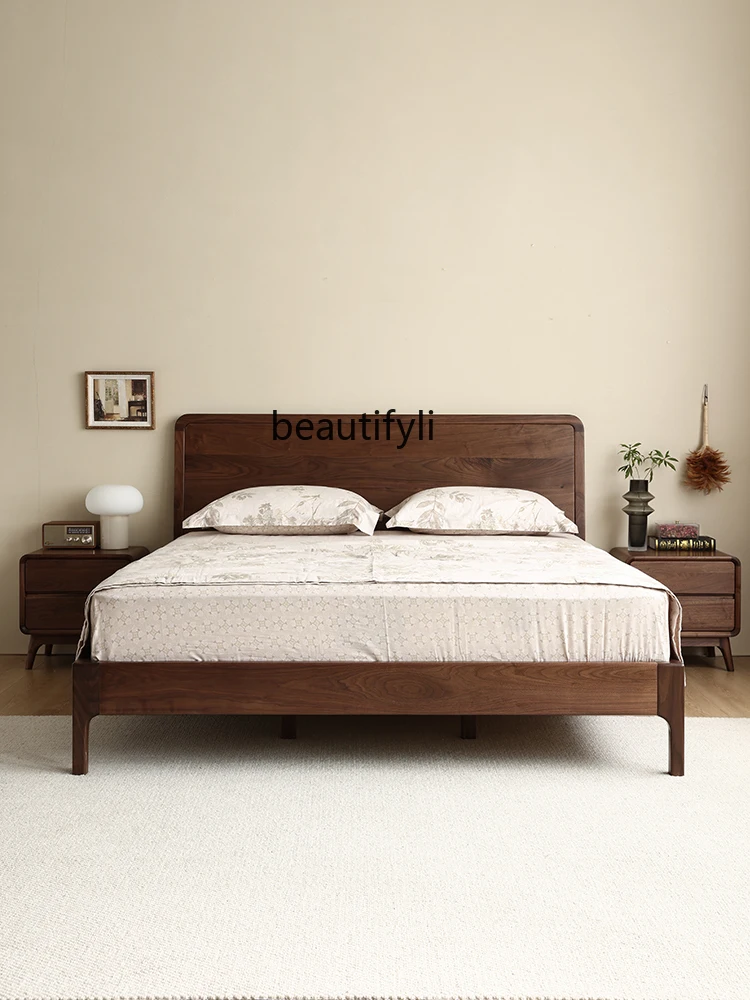 

North America Black Walnut Log Solid Wood Bed Nordic Double Master Bedroom Marriage Bed Modern Minimalist