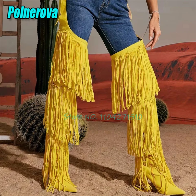 

Yellow Tassel Over The Knee Boots Sexy Pointed Toe Zipper Thin Heel Heels Trouser Boots Fashion Waist Buckle Women Runway Shoes