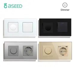 BSEED Mechanical Dimmer Fan Switch With 1/2/3Gang Wall Light Switches EU Socket USB Type-c Power Ports 2.1A Glass Panel